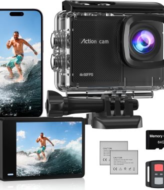 4K 60FPS Action Camera with 64GB Card-48MP Waterproof Camera,40M Underwater Camera,8X Zoom,EIS Stabilization,WiFi,Remote Control,MotorcycleCamera with 2 Rechargeable Batteries