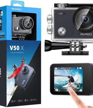 AKASO V50X Native 4K30fps WiFi Action Camera with EIS Touch Screen 4X Zoom 131 feet Waterproof Camera Support External Mic Remote Control with Helmet Accessories (Without 64GB MicroSD Card)
